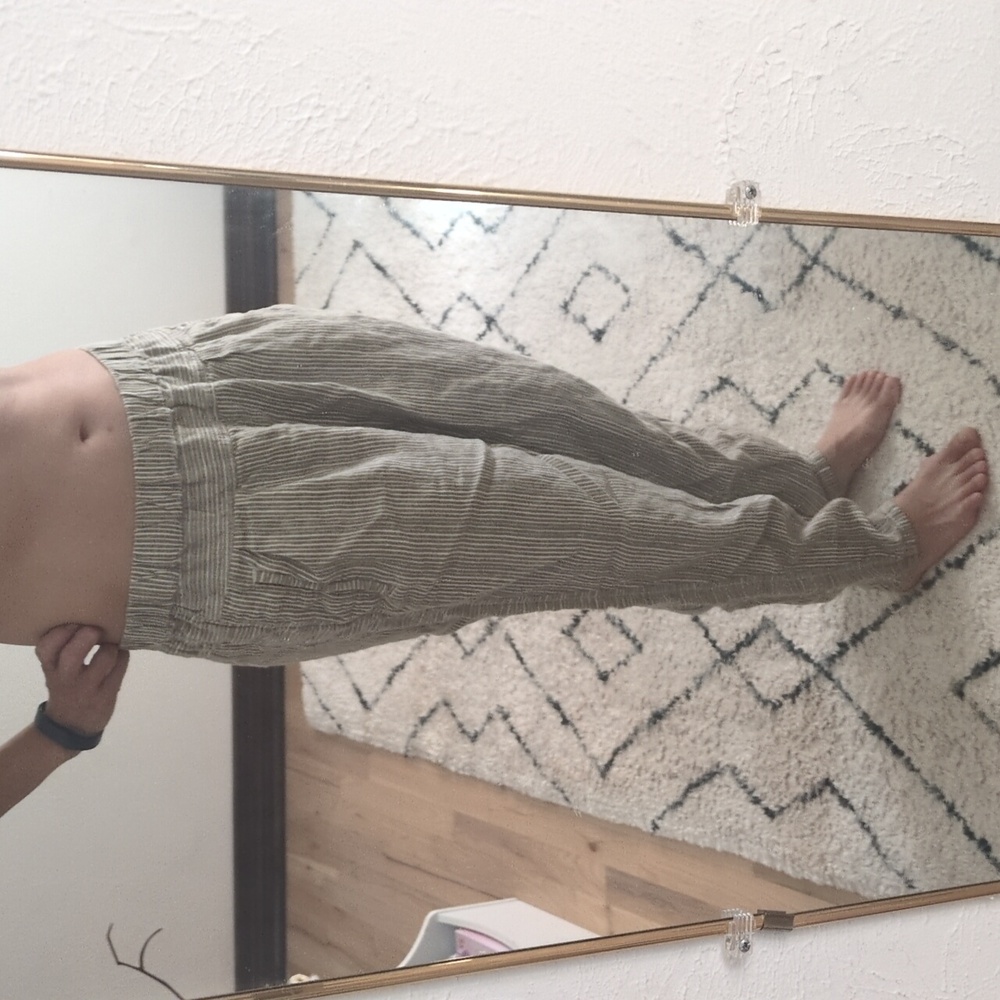 Anthropologie Green White 100% Linen Ankle Pants Casual Relaxed Pockets Size M